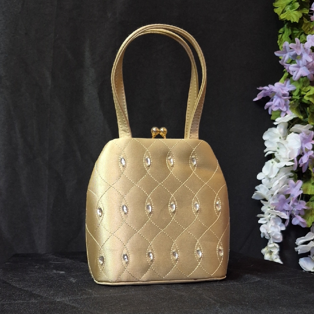 Metallic Gold Quilted Evening Clutch with Rhinestone Insets